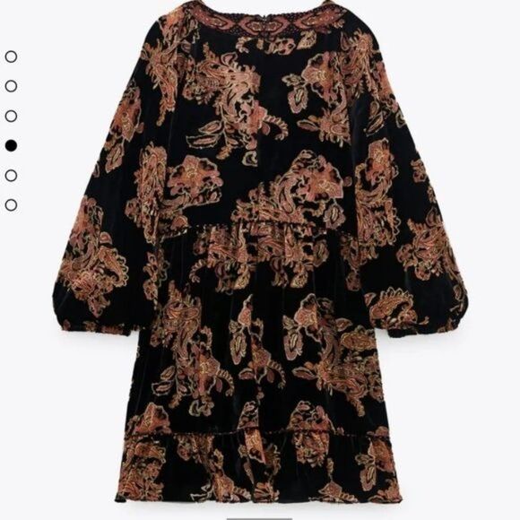 Zara Velvet Trim Floral V-Neck Ruffle Trim 3/4 Sleeve Dress Women's Size Small - Picture 2 of 15